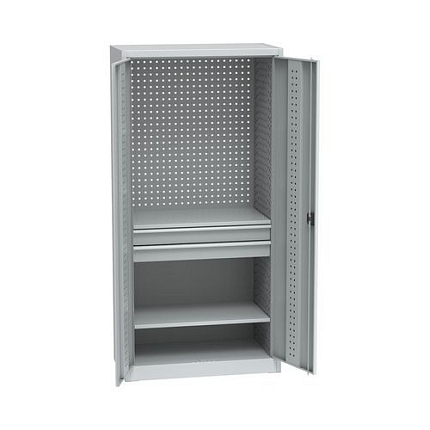 Kovová dílenská skříň na nářadí, 2 zásuvky, 195 x 95 x 50 cm, světle šedá