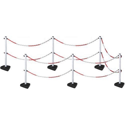 Plastové zahrazovací sloupky Manutan Expert s řetězem, 90 cm, 6 ks, bílé