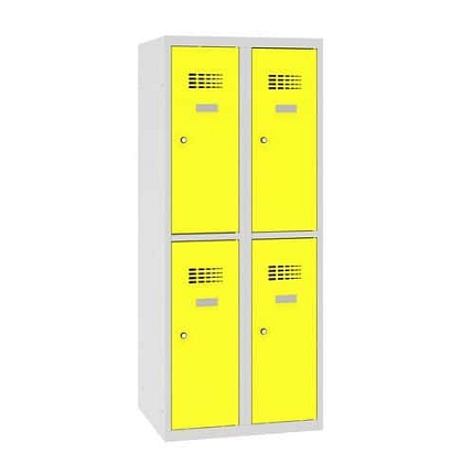 Snížená školní šatní skříň, 4 oddíly, 300 mm, šedá/žlutá, cylindrický zámek