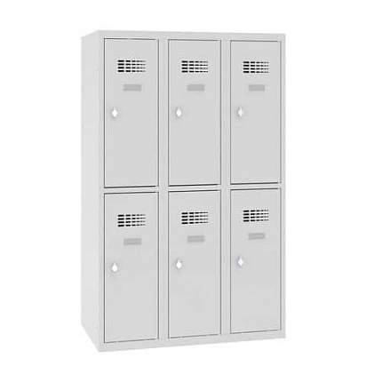 Snížená školní šatní skříň, 6 oddílů, 300 mm, šedá/šedá, otočný uzávěr