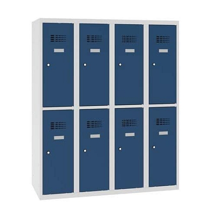 Snížená školní šatní skříň, 8 oddílů, 300 mm, šedá/tmavě modrá, cylindrický zámek