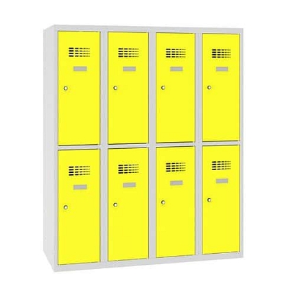 Snížená školní šatní skříň, 8 oddílů, 300 mm, šedá/žlutá, cylindrický zámek