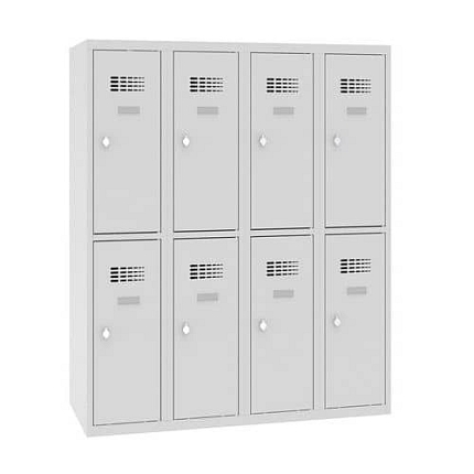 Snížená školní šatní skříň, 8 oddílů, 300 mm, šedá/šedá, otočný uzávěr