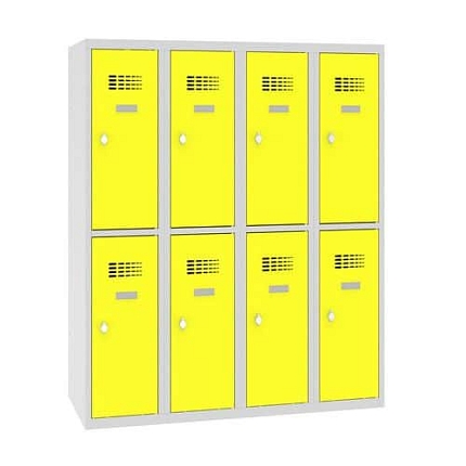 Snížená školní šatní skříň, 8 oddílů, 300 mm, šedá/žlutá, otočný uzávěr