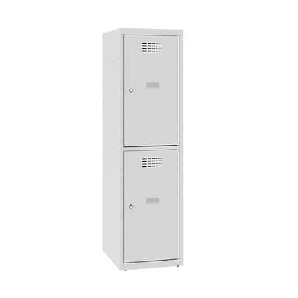 Snížená školní šatní skříň, 2 oddíly, 400 mm, šedá/šedá, cylindrický zámek