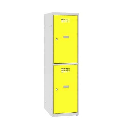 Snížená školní šatní skříň, 2 oddíly, 400 mm, šedá/žlutá, cylindrický zámek