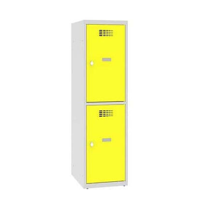 Snížená školní šatní skříň, 2 oddíly, 400 mm, šedá/žlutá, otočný uzávěr
