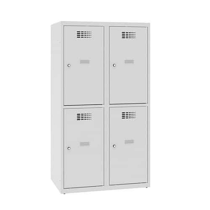 Snížená školní šatní skříň, 4 oddíly, 400 mm, šedá/šedá, cylindrický zámek