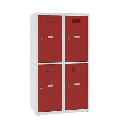 Snížená školní šatní skříň, 4 oddíly, 400 mm, šedá/červená, cylindrický zámek