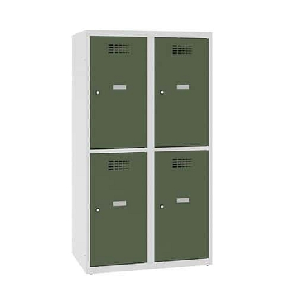 Snížená školní šatní skříň, 4 oddíly, 400 mm, šedá/zelená, cylindrický zámek