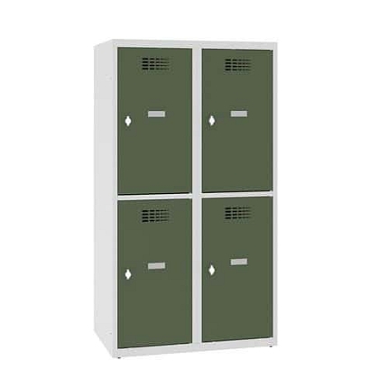 Snížená školní šatní skříň, 4 oddíly, 400 mm, šedá/zelená, otočný uzávěr