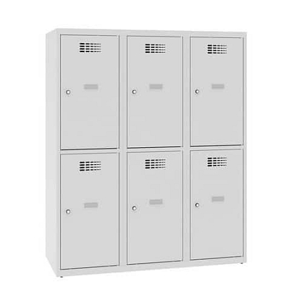 Snížená školní šatní skříň, 6 oddílů, 400 mm, šedá/šedá, cylindrický zámek