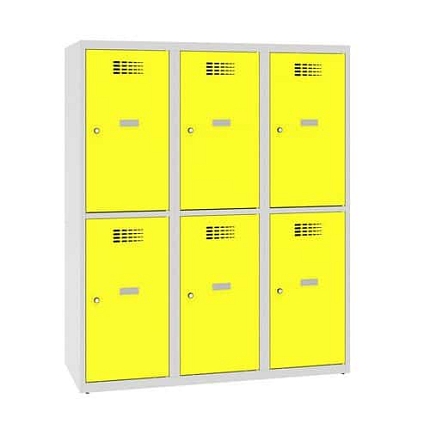 Snížená školní šatní skříň, 6 oddílů, 400 mm, šedá/žlutá, cylindrický zámek