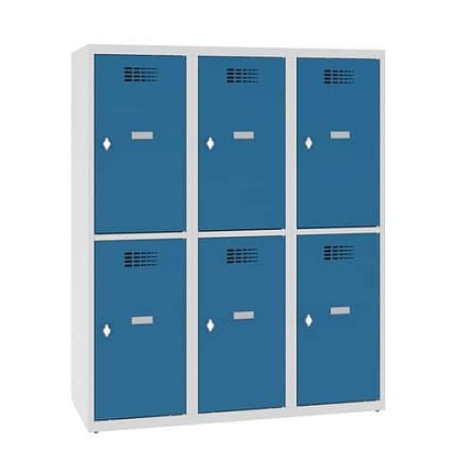 Snížená školní šatní skříň, 6 oddílů, 400 mm, šedá/modrá, otočný uzávěr