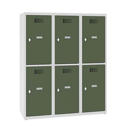 Snížená školní šatní skříň, 6 oddílů, 400 mm, šedá/zelená, otočný uzávěr