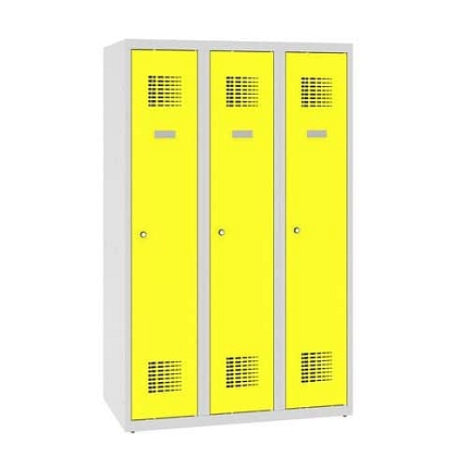 Snížená školní šatní skříň, 3 sloupce, 300 mm, šedá/žlutá, cylindrický zámek