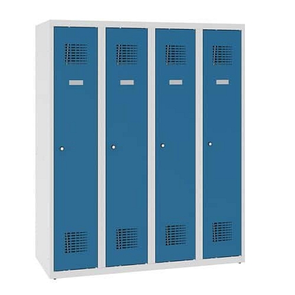 Snížená školní šatní skříň, 4 sloupce, 300 mm, šedá/modrá, cylindrický zámek