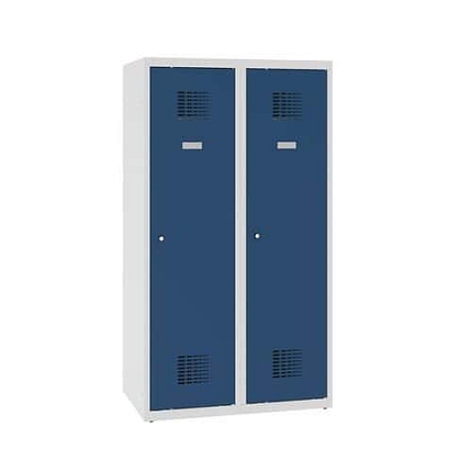 Snížená školní šatní skříň, 2 sloupce, 400 mm, šedá/tmavě modrá, cylindrický zámek