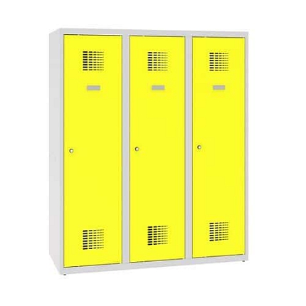 Snížená školní šatní skříň, 3 sloupce, 400 mm, šedá/žlutá, cylindrický zámek