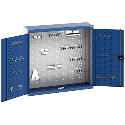 Závěsná skříňka Bott Cubio s držáky na nářadí a perfopanely, 100 x 105 x 32,5 cm, 40 držáků, šedá-modrá