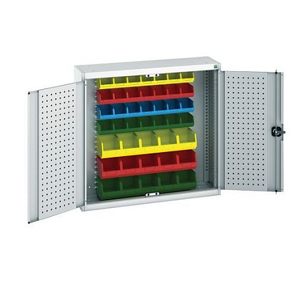 Závěsná skříňka Bott Cubio s boxy a perfopanely na nářadí, 100 x 105 x 32,5 cm, 43 boxů, šedá-šedá