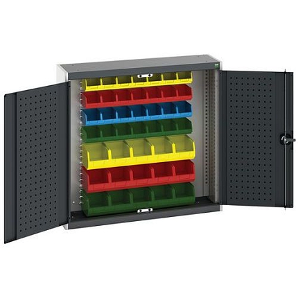 Závěsná skříňka Bott Cubio s boxy a perfopanely na nářadí, 100 x 105 x 32,5 cm, 43 boxů, šedá-antracit