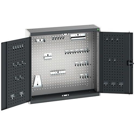 Závěsná skříňka Bott Cubio s držáky na nářadí a perfopanely, 100 x 105 x 32,5 cm, 40 držáků, šedá-antracit