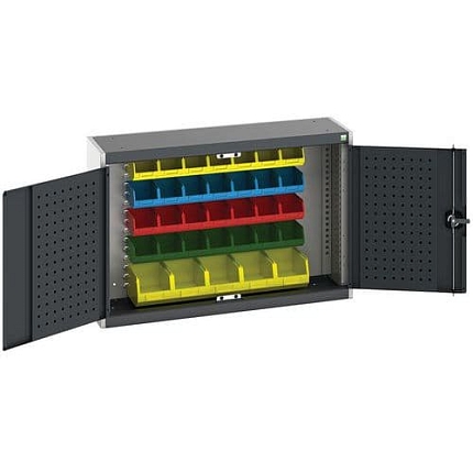 Závěsná skříňka Bott Cubio s boxy a perfopanely na nářadí, 70 x 105 x 32,5 cm, 33 boxů, šedá-antracit