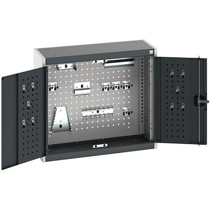 Závěsná skříňka Bott Cubio s držáky na nářadí a perfopanely, 70 x 80 x 32,5 cm, 20 držáků, šedá-antracit