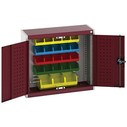 Závěsná skříňka Bott Cubio s boxy a perfopanely na nářadí, 70 x 80 x 32,5 cm, 23 boxů, šedá-červená