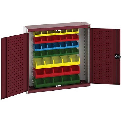 Závěsná skříňka Bott Cubio s boxy a perfopanely na nářadí, 100 x 105 x 32,5 cm, 43 boxů, šedá-červená