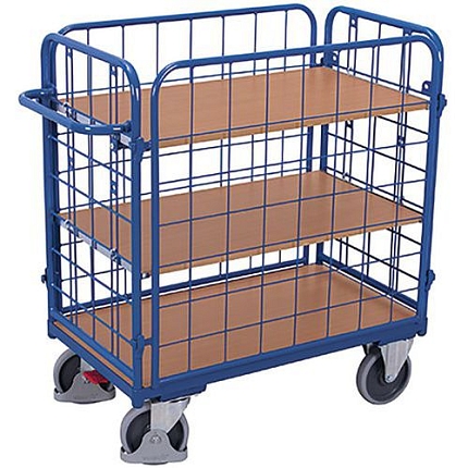 Policový vozík se 4 mřížovými stěnami, 3 police, do 500 kg, 139 x 84 x 122 cm, modrý