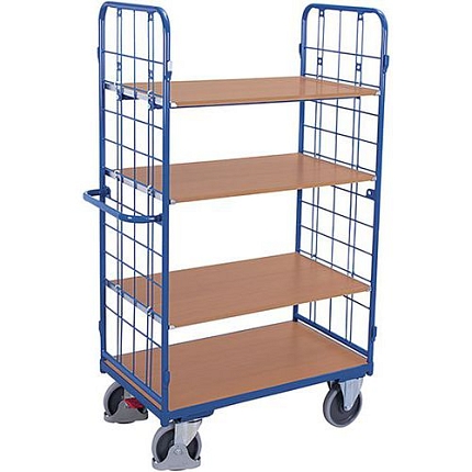 Vysoký policový vozík s madlem a mřížovými bočnicemi, do 400 kg, 4 police, 178 x 103,5 x 52 cm, modrý