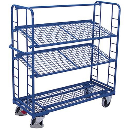 Policový vozík se šikmými mřížovými policemi, 3 police, 180,5 x 65 x 157,5 cm, modrý