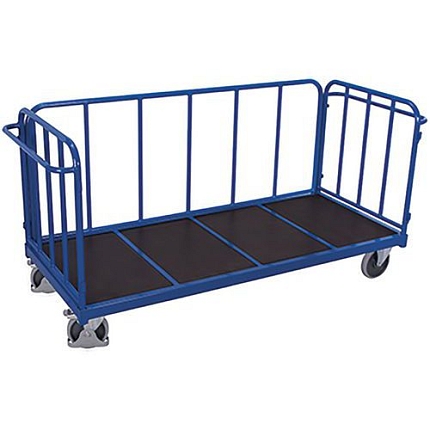 Plošinový vozík s protiskluzovým povrchem, 3 stěny, termoplastická kola, 157,5 x 90 x 110,5 cm, modrý