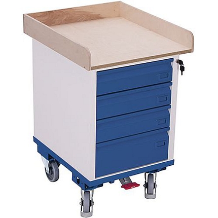 Dílenský vozík se 4 zásuvkami, vyvýšené okraje, 57,5 x 66 x 90,5 cm, modrý