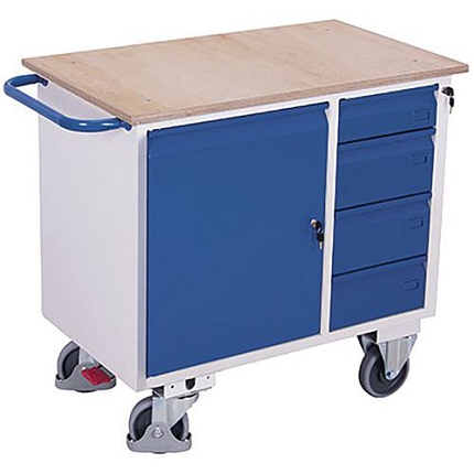 Dílenský vozík se skříňkou a 4 zásuvkami, 111 x 60 x 96 cm, modrý