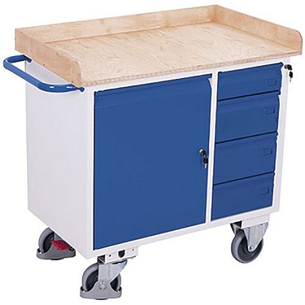 Dílenský vozík se skříňkou a 4 zásuvkami, vyvýšené hrany, 112,5, x 61 x 104 cm, modrý