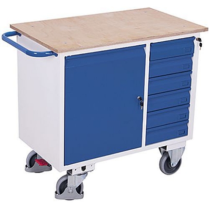Dílenský vozík se skříňkou a 6 zásuvkami, 111 x 60 x 96 cm, modrý