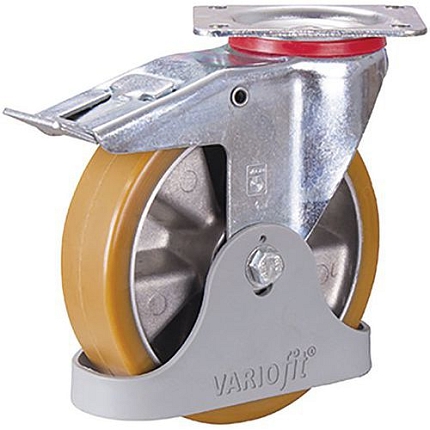 Polyuretanové pojezdové kolo s přírubou, 200 mm, do 500 kg, kuličkové ložisko, otočné s brzdou