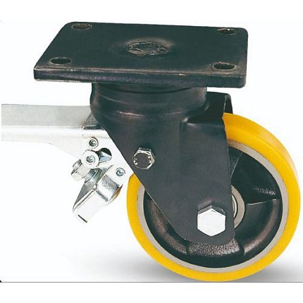 Polyuretanové transportní kolo s přírubou, průměr 175 mm, otočné s brzdou, kuličkové ložisko