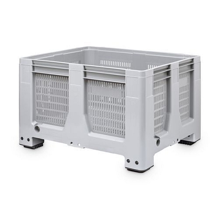 Paletový kontejner MaxiLog s perforovanými stěnami, 610 l, šedý