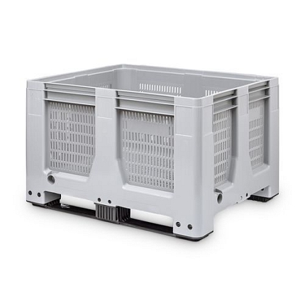 Paletový kontejner MaxiLog s perforovanými stěnami, 2 ližiny, 610 l, šedý