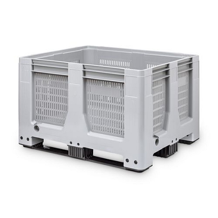 Paletový kontejner MaxiLog s perforovanými stěnami, 3 ližiny, 610 l, šedý