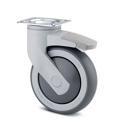 Gumové přístrojové kolo s přírubou, průměr 100 mm, otočné s brzdou, kuličkové ložisko