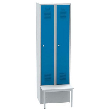 Šatní skříň Charlie s lavičkou, 2 oddíly, cylindrický zámek, šedá/modrá