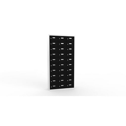 Svařovaná skříň na osobní věci Ron I, 30 boxů, cylindrický zámek, šedá/černá