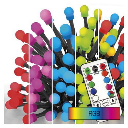 LED vánoční cherry řetěz - kuličky, 10 m, RGB, ovladač, programy, časovač