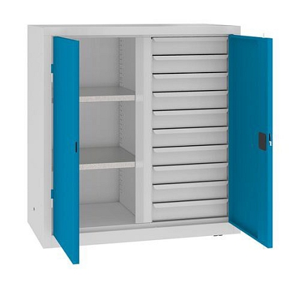 Kovová dílenská skříň na nářadí se zásuvkami, 104 x 100 x 50 cm, 10 zásuvek, šedá/sv. modrá