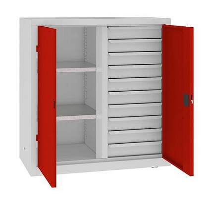 Kovová dílenská skříň na nářadí se zásuvkami, 104 x 100 x 50 cm, 10 zásuvek, šedá/červená